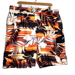 Speedo Mens Trunks Swim Shorts Orange Black Floral Drawstring Pockets Mesh 36